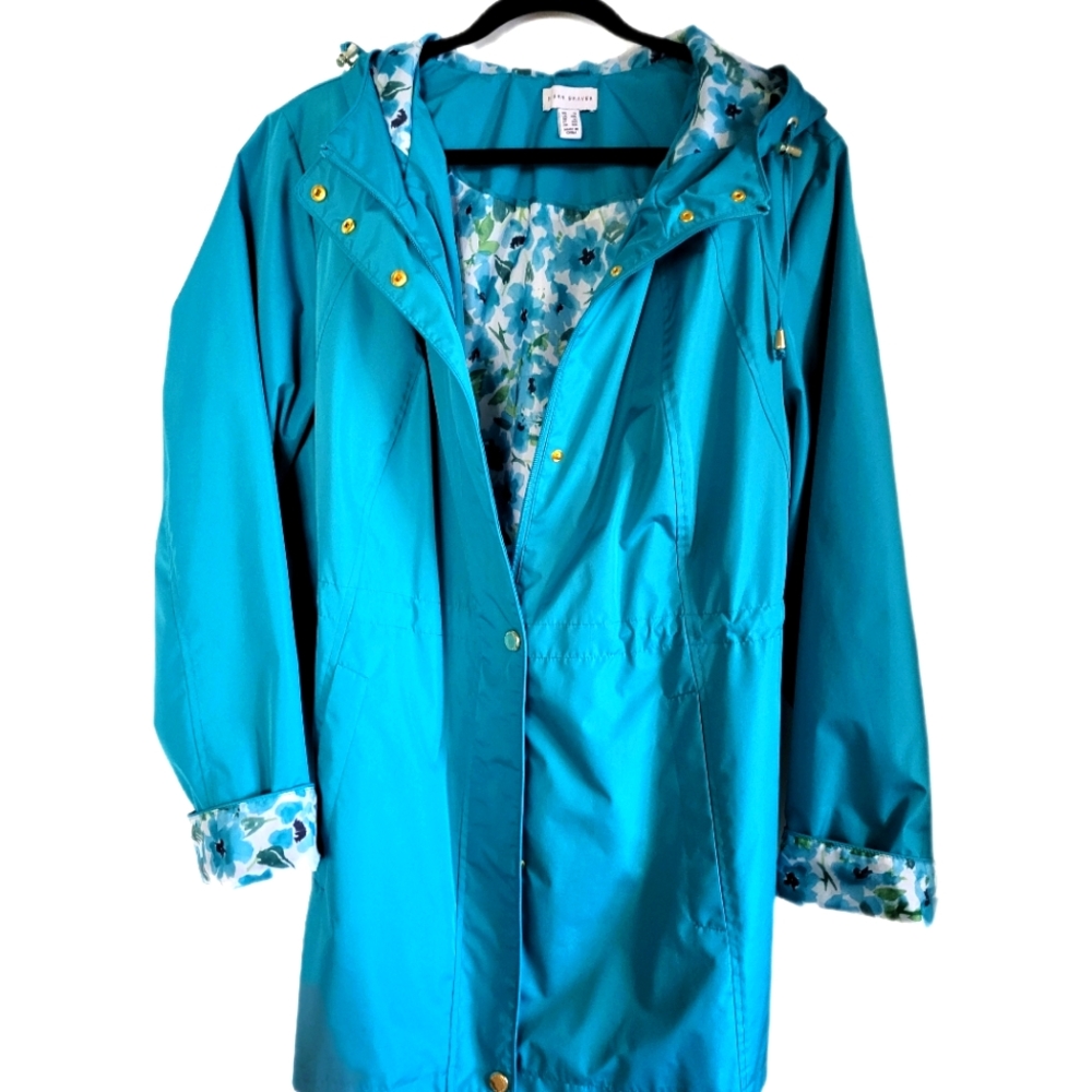 Susan Graver Turquoise Blue Rain Coat with Floral Lining Size 1X